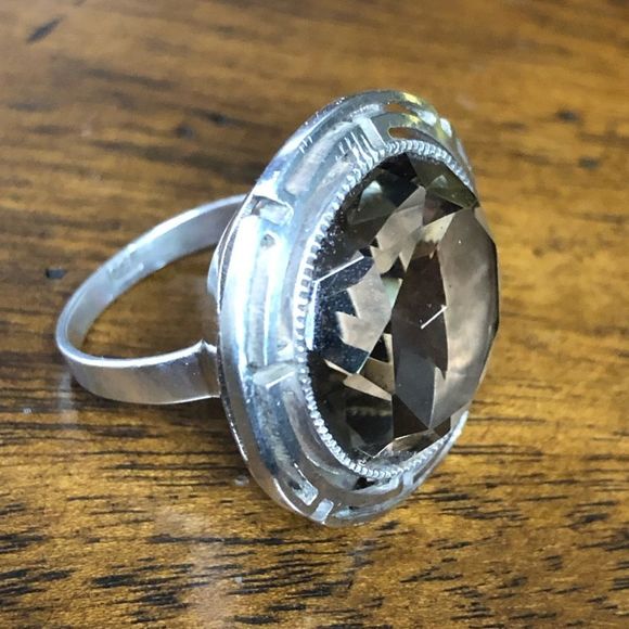 Faceted Smokey Quartz and Sterling Silver Vintage Cocktail Ring Size 6 - Picture 9 of 9